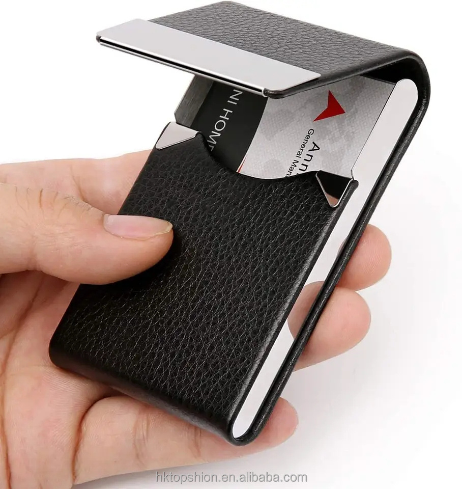 Metal Slim Business Card Holder with Magnetic Closure, PU Leather Business Name Card Case Pocket Card Holders for Men or Women