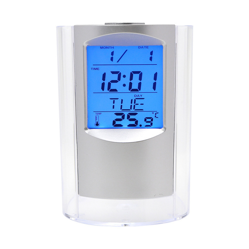 JCX/Multifunctional Plastic Pen Holder Digital Clock LED Calendar Temperature Display Desktop Organizer Pen Holder