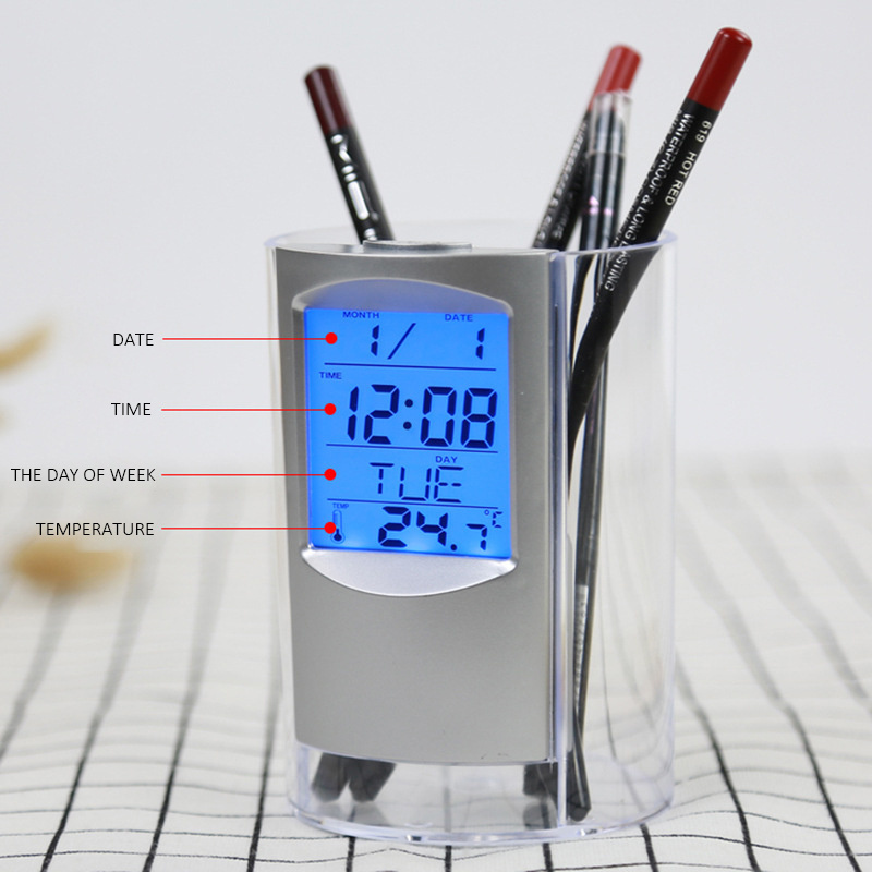 JCX/Multifunctional Plastic Pen Holder Digital Clock LED Calendar Temperature Display Desktop Organizer Pen Holder