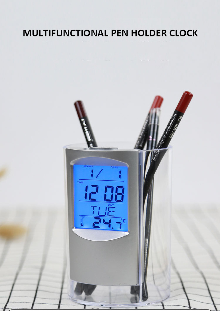 JCX/Multifunctional Plastic Pen Holder Digital Clock LED Calendar Temperature Display Desktop Organizer Pen Holder