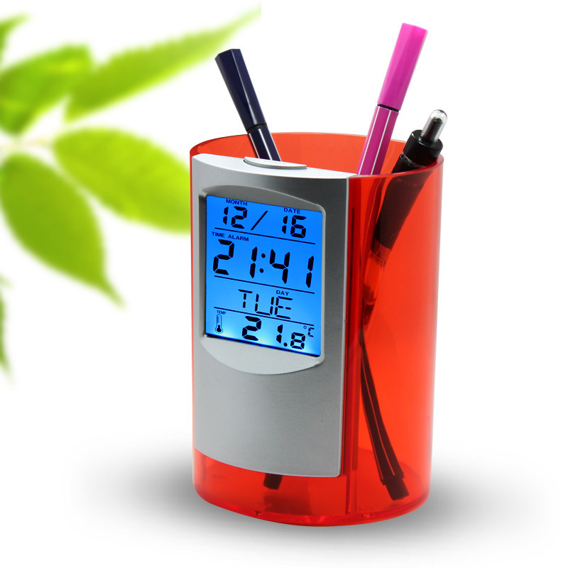 JCX/Multifunctional Plastic Pen Holder Digital Clock LED Calendar Temperature Display Desktop Organizer Pen Holder