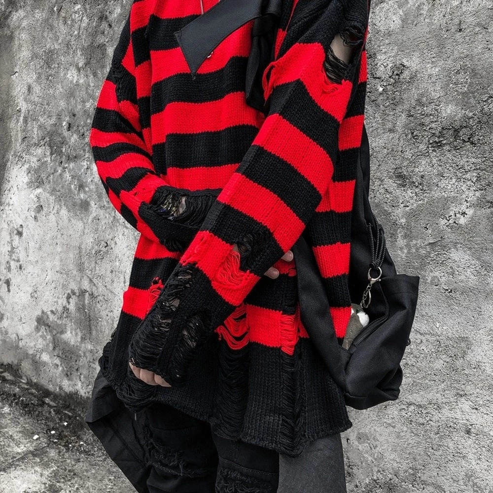 Black Red Striped Sweaters Washed Destroyed Ripped Sweater Men Hole Knit Jumpers Men Women Oversized Sweater Harajuku