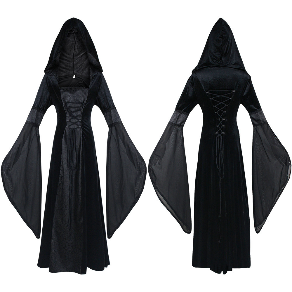 Women's Corset Long Sleeve Hooded Medieval Hollow Lace Slim Gown Dresses Halloween Witch Cosplay Dress Robe Femme Maxi Dresses