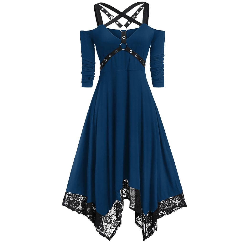 Women Vintage Punk Style Cross Bandage Lace Edge Long-sleeved Irregular Party Prom Dress Halloween Witch Cosplay Gothic Costumes