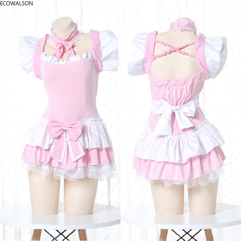 Lolita Cute Pink Ruffle Maid Outfit Japanese Girl Cosplay Sexy Costumes Daily Apron Uniform Skirt Set Kawaii Nightdress