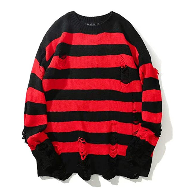 Black Red Striped Sweaters Washed Destroyed Ripped Sweater Men Hole Knit Jumpers Men Women Oversized Sweater Harajuku