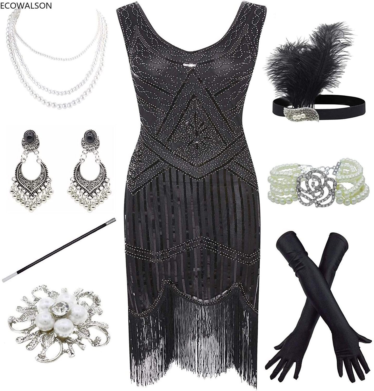 Ecowalson Women Costumes 1920s Great Gatsby Fringed Paisley Flapper Dress with 20s Accessories Set Sexy Party Bodycon  Vestido