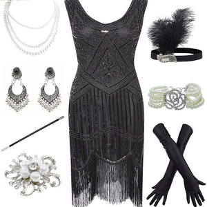 Ecowalson Women Costumes 1920s Great Gatsby Fringed Paisley Flapper Dress with 20s Accessories Set Sexy Party Bodycon  Vestido