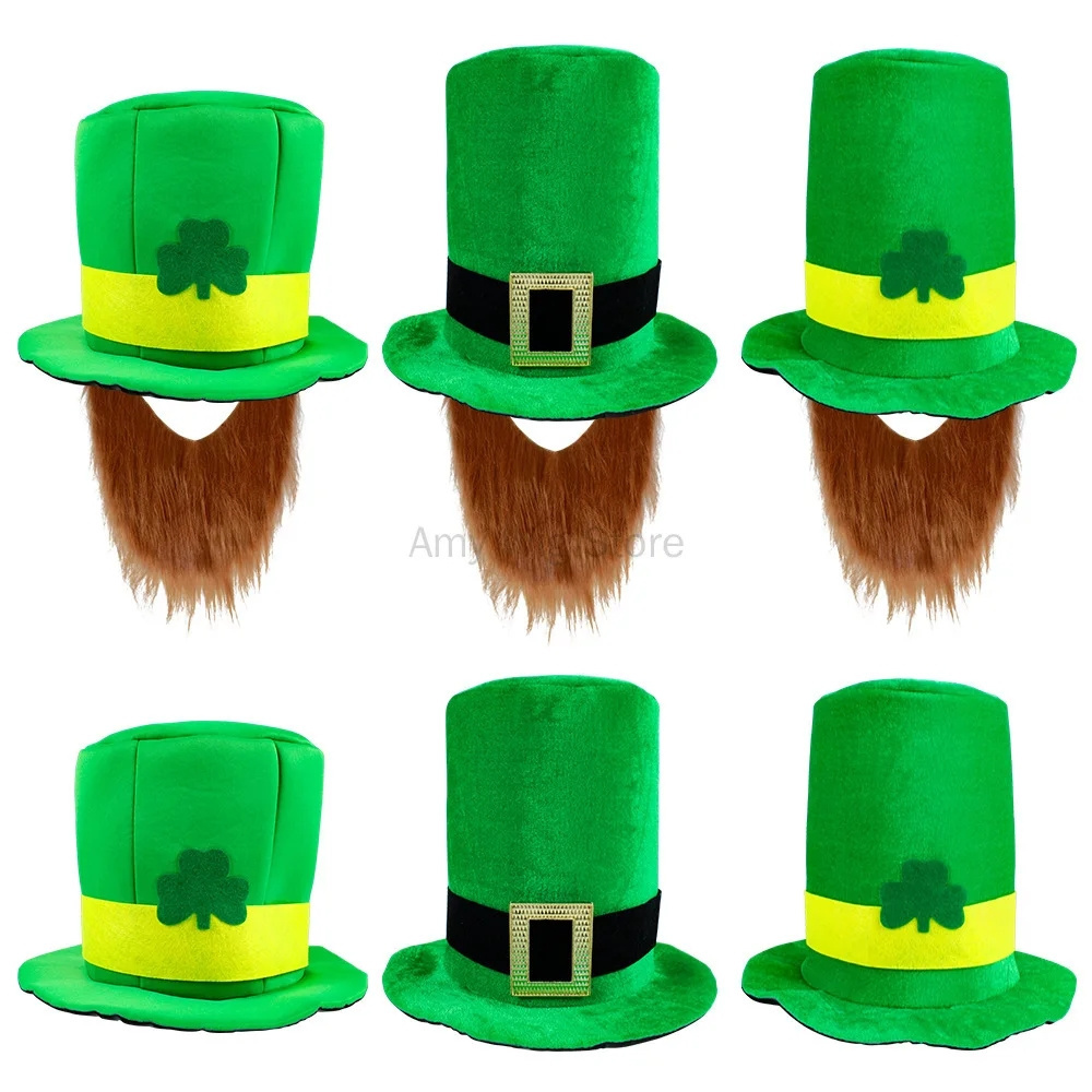 Shamrock Velvet Hat with Green Mustache St. Patricks Day Party Hat Accessories Leprechaun Hat and Beard for Adults