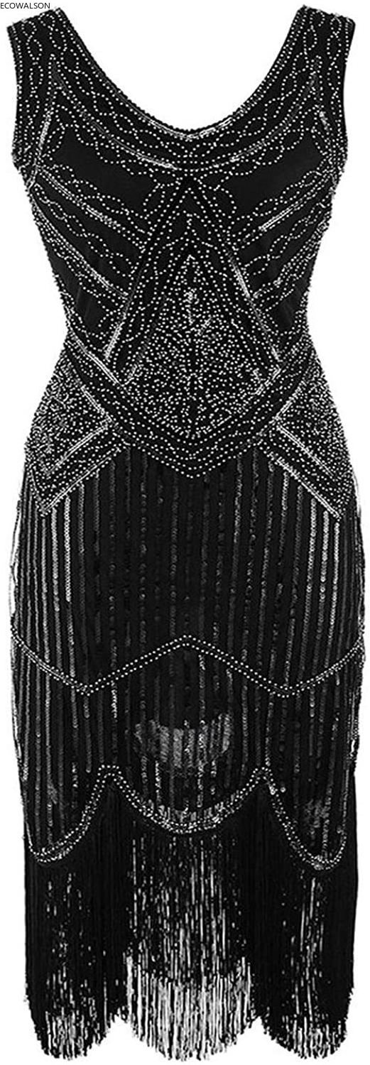 Ecowalson Women Costumes 1920s Great Gatsby Fringed Paisley Flapper Dress with 20s Accessories Set Sexy Party Bodycon  Vestido