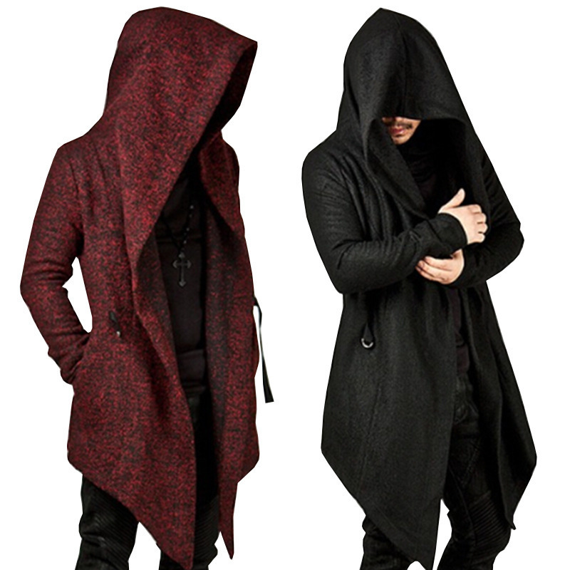 Steampunk Long Hooded Cardigan Men Gothic Irregular Red Black Trench Vintage Open Front Lightweight Drape Cape Overcoat