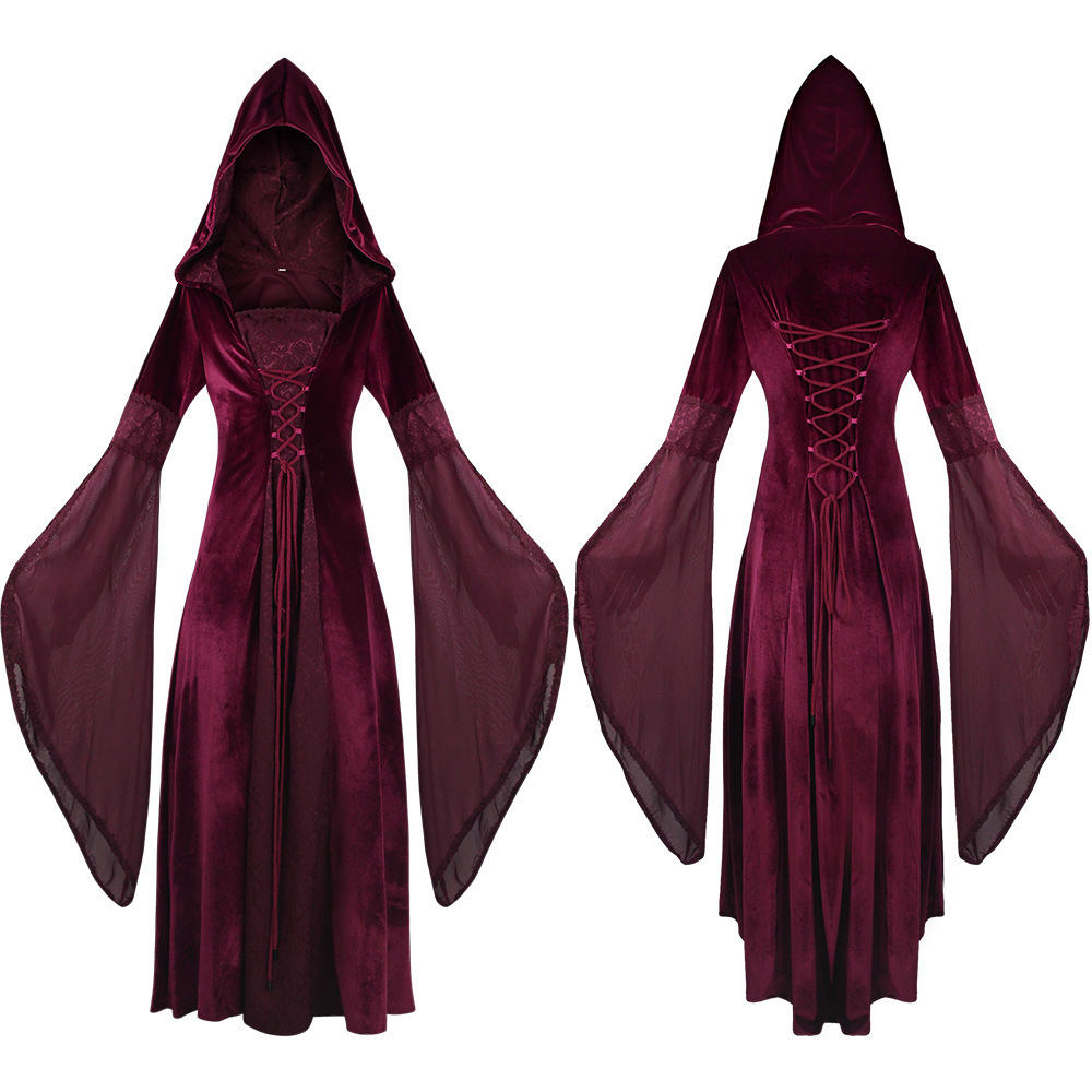 Women's Corset Long Sleeve Hooded Medieval Hollow Lace Slim Gown Dresses Halloween Witch Cosplay Dress Robe Femme Maxi Dresses