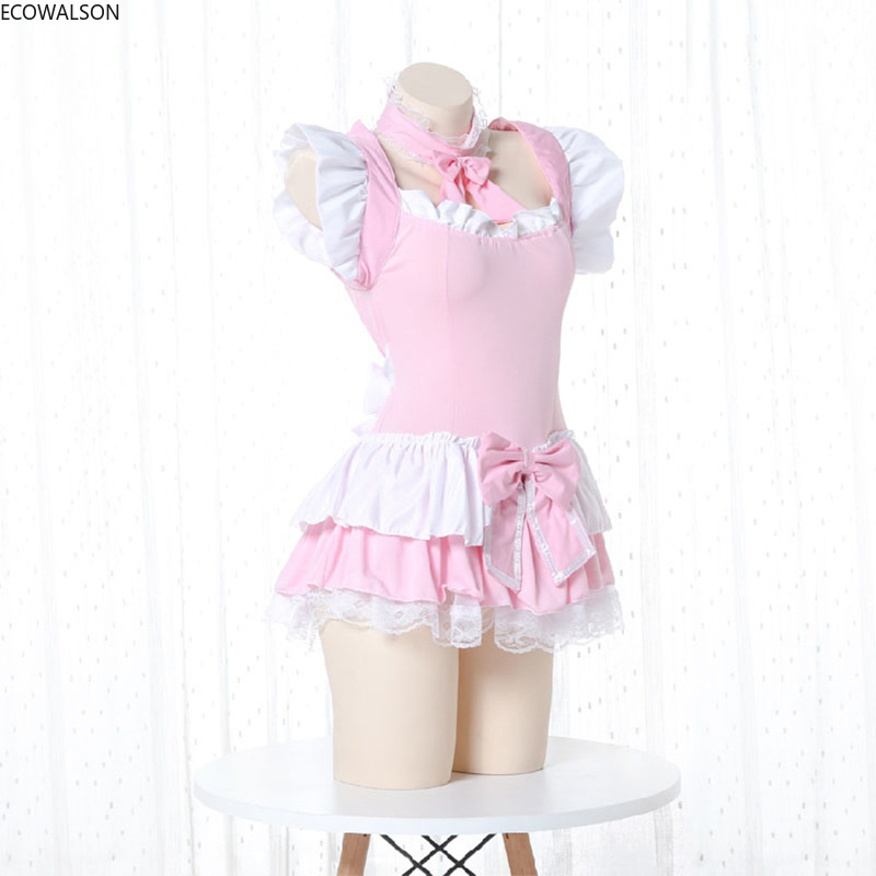 Lolita Cute Pink Ruffle Maid Outfit Japanese Girl Cosplay Sexy Costumes Daily Apron Uniform Skirt Set Kawaii Nightdress