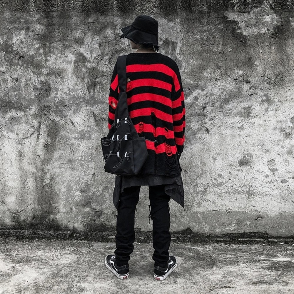 Black Red Striped Sweaters Washed Destroyed Ripped Sweater Men Hole Knit Jumpers Men Women Oversized Sweater Harajuku