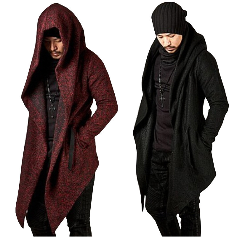 Steampunk Long Hooded Cardigan Men Gothic Irregular Red Black Trench Vintage Open Front Lightweight Drape Cape Overcoat