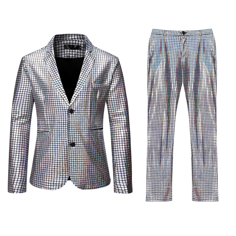 Mens Stage Dance wear Prom Suits Gold Silver Rainbow Plaid Sequin Jacket Pants Men Christmas Halloween Party Costume Homme