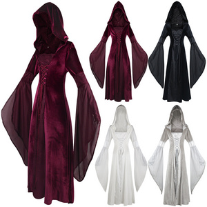 Women's Corset Long Sleeve Hooded Medieval Hollow Lace Slim Gown Dresses Halloween Witch Cosplay Dress Robe Femme Maxi Dresses