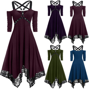 Women Vintage Punk Style Cross Bandage Lace Edge Long-sleeved Irregular Party Prom Dress Halloween Witch Cosplay Gothic Costumes