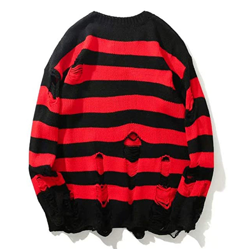 Black Red Striped Sweaters Washed Destroyed Ripped Sweater Men Hole Knit Jumpers Men Women Oversized Sweater Harajuku