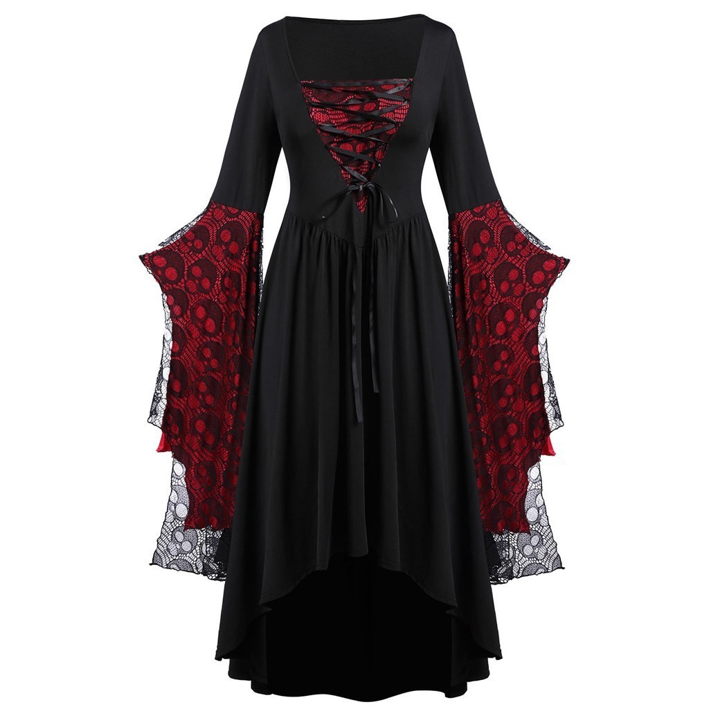 Fashion Witch Cosplay Halloween Costume Plus Size Skull Halloween Dress Lace Bat Sleeve Halloween Costumes For Women Dresses