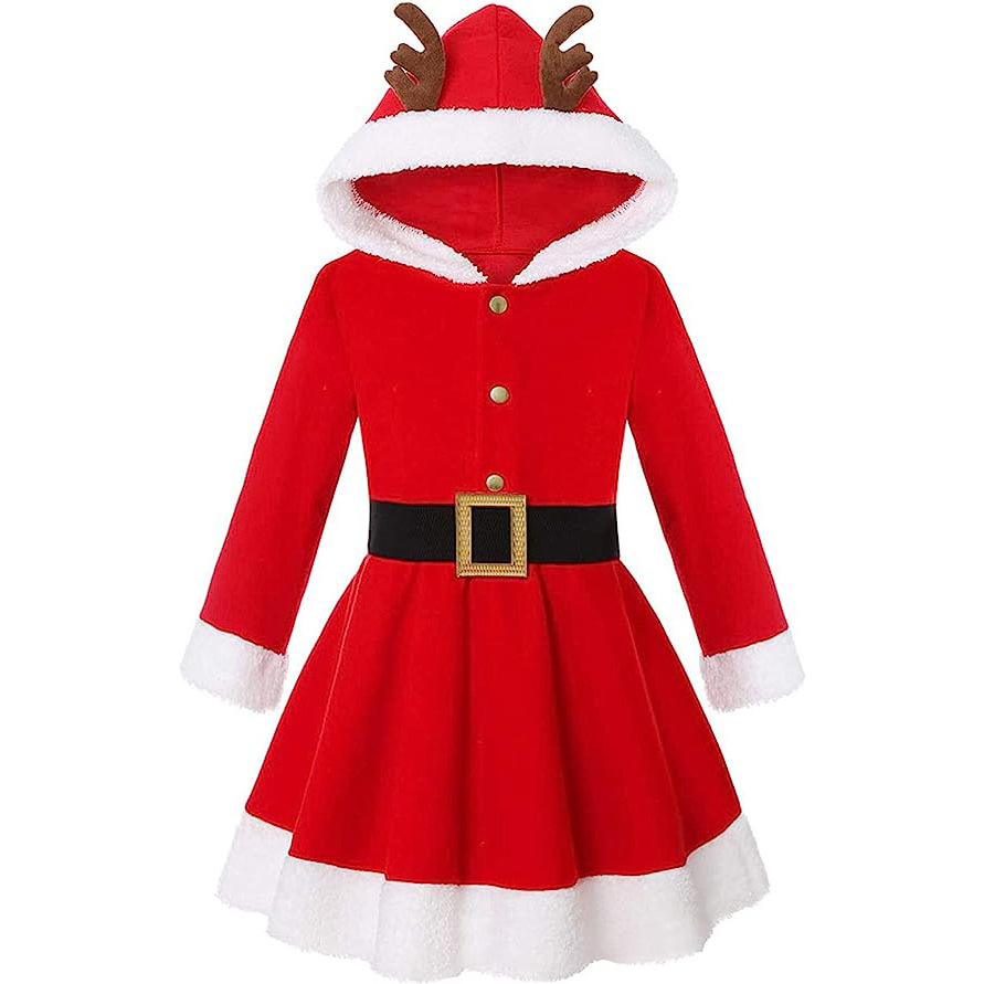 Baby Girls Christmas Elk Hooded Costume Red Santa Claus Long Sleeve Princess Dress Hooded Xmas Outfits