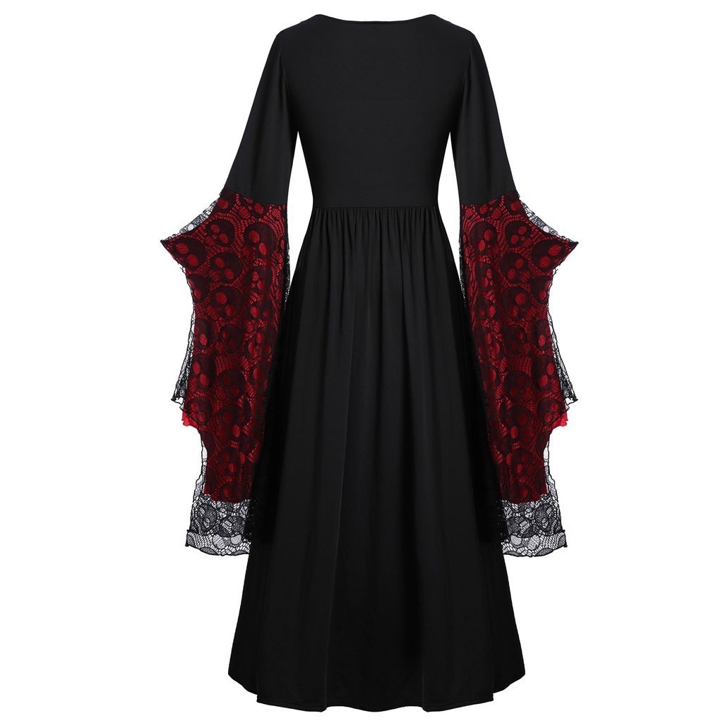 Fashion Witch Cosplay Halloween Costume Plus Size Skull Halloween Dress Lace Bat Sleeve Halloween Costumes For Women Dresses