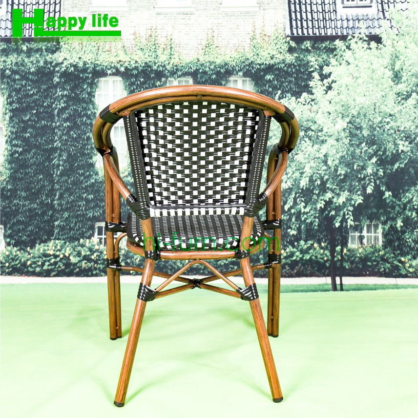 New 2023 popular stackable garden restaurant patio rattan armchair outdoor dining chairs with arms wicker rattan aluminum