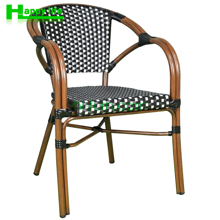 New 2023 popular stackable garden restaurant patio rattan armchair outdoor dining chairs with arms wicker rattan aluminum