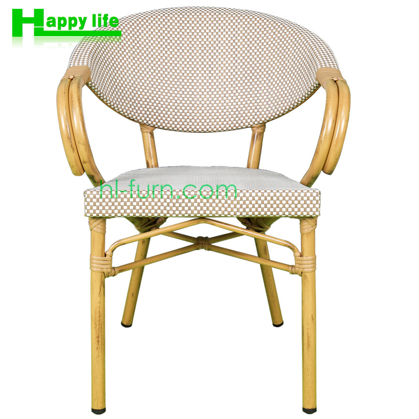 Hot selling nordic french bistro stackable terrace garden restaurant wicker rattan dining chairs outdoor armchairs