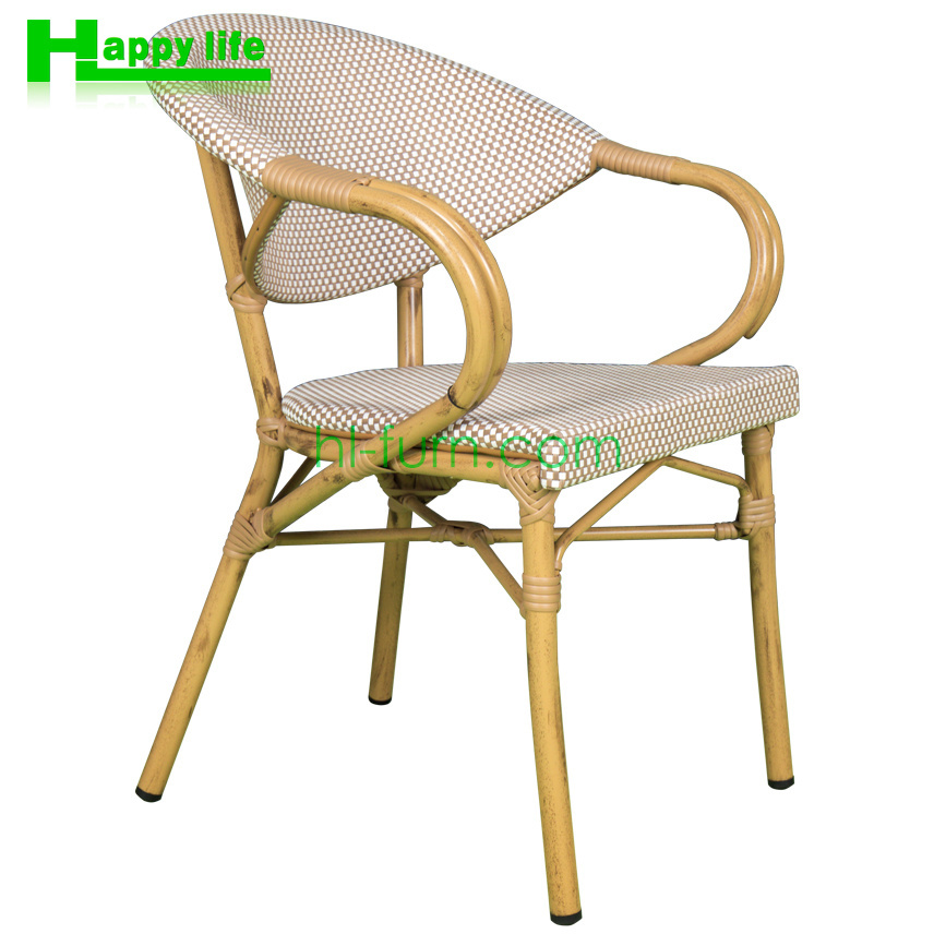 Hot selling nordic french bistro stackable terrace garden restaurant wicker rattan dining chairs outdoor armchairs