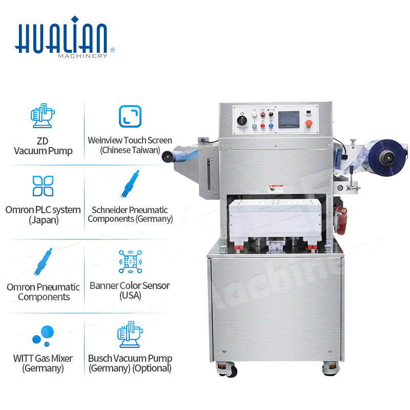 HVT-450M/2 Hualian Auto Industrial Gas Flushing Meat Food Skin Map Tray Chamber Vacuum Sealer Packing Sealing Machines