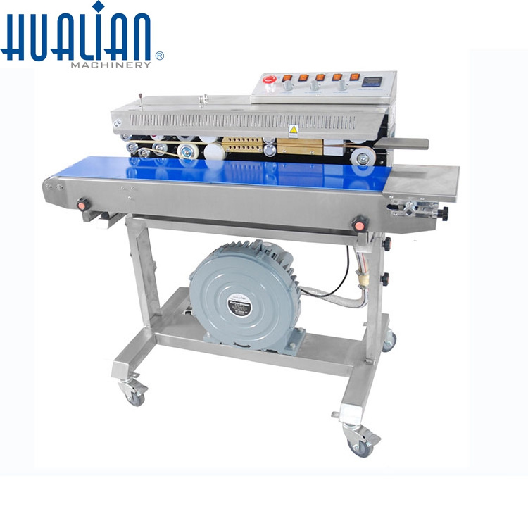 FRMC-980III Hualian Exhaust Gas Heat Plastic Bag Food Pouch Packing Mechanical Automatic Continuous Band Sealer Sealing Machine