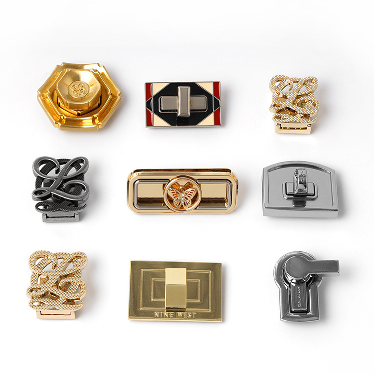 High Quality Custom Logo Color Metal Push And Turn Bag Lock Buckles Design Luxury Press Handbag Twist Locks Hardware For Purse