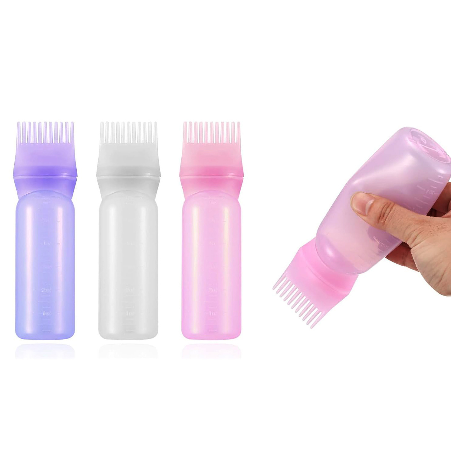 6oz 180ml Root Comb Applicator Brush Salon Hair Coloring Dye Scalp Treatment Essential Hair Oil Bottles with Graduated Scale