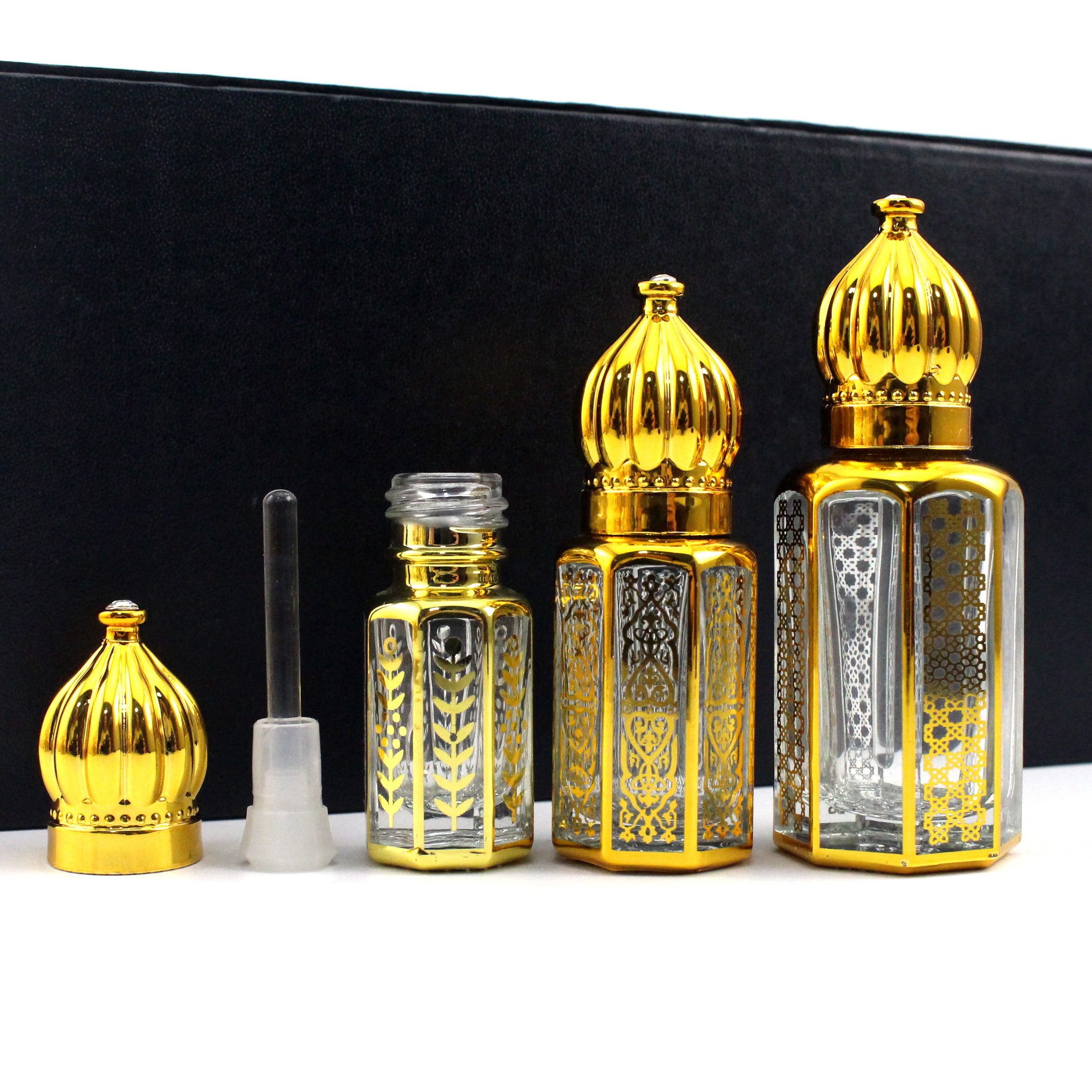 zamac Octagon gold arabian arabic essential oil 3ml perfume oil bottle glass stick 6ml 12 ml luxury attar bottles with box