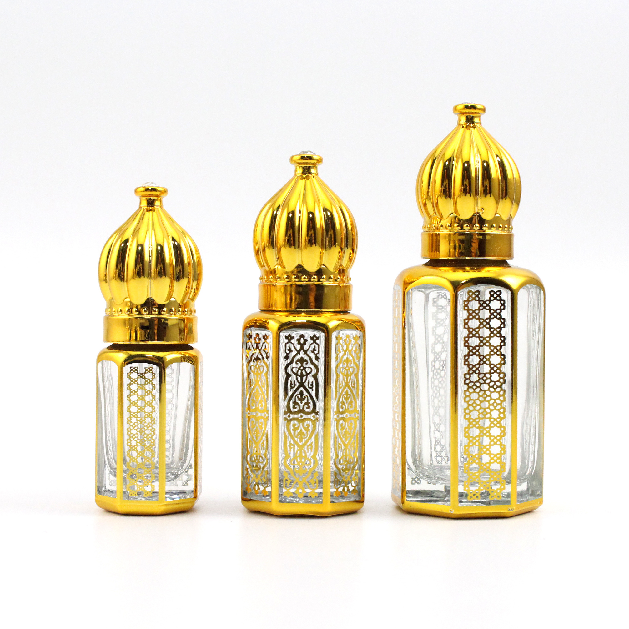 Luxury fancy 3ml 6ml 12ml Octagon hexagon arabian arabic perfume essential attar oil bottle 3 ml attar bottles glass dipstick