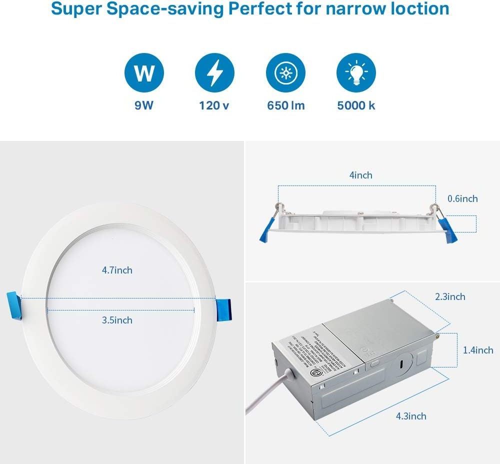 Recessed Lighting 4 Inch Ultra-Thin LED Ceiling Lights with Junction Box 3000k 9W Warm White 650lm  Slim Dimmable Downlight