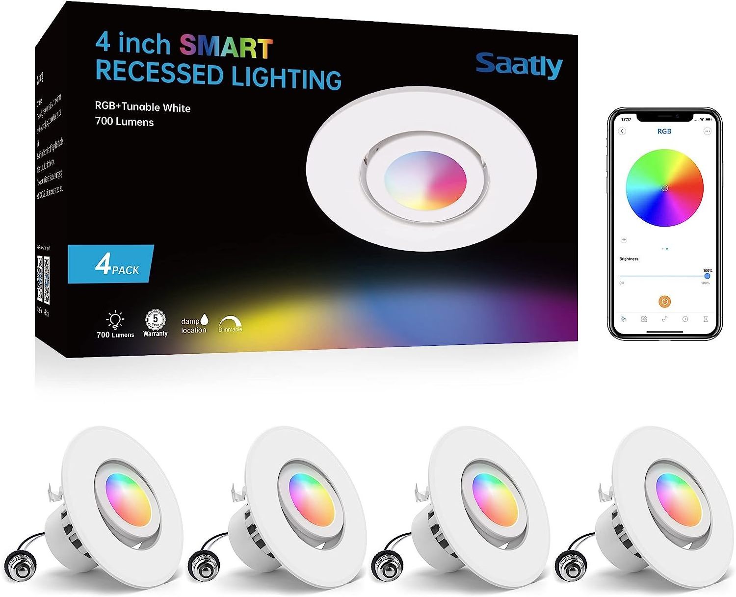 4Pcs Smart Recessed Lighting 4 Inch 10W RGBWW led recessed Lights can 16 Million Color Changing 2700K-5000K Ceiling Light