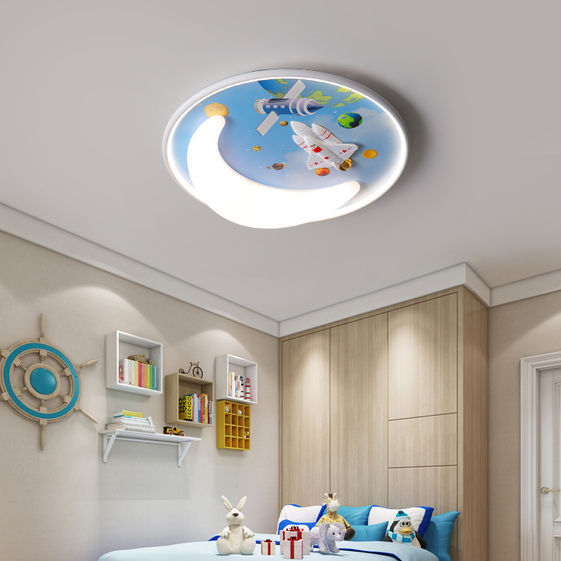 JJC Rocket To The Moon Theme Macaron Blue Creative LED Children Bedroom Iron Acrylic Resin Material Creative LED Ceiling Light