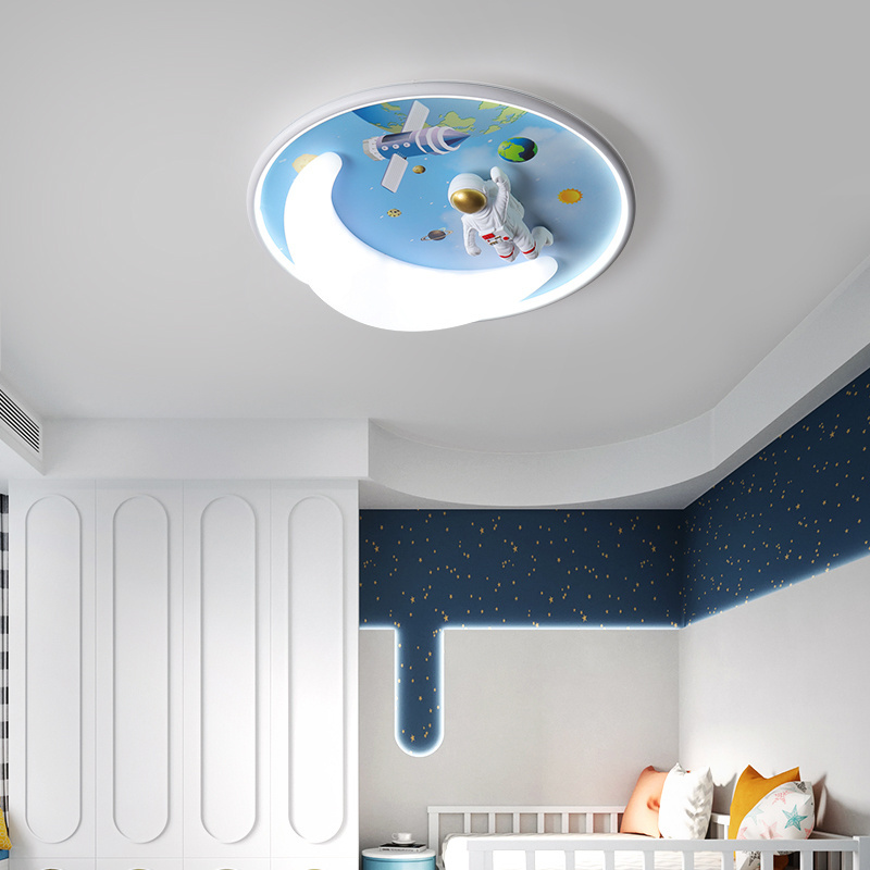 JJC Rocket To The Moon Theme Macaron Blue Creative LED Children Bedroom Iron Acrylic Resin Material Creative LED Ceiling Light