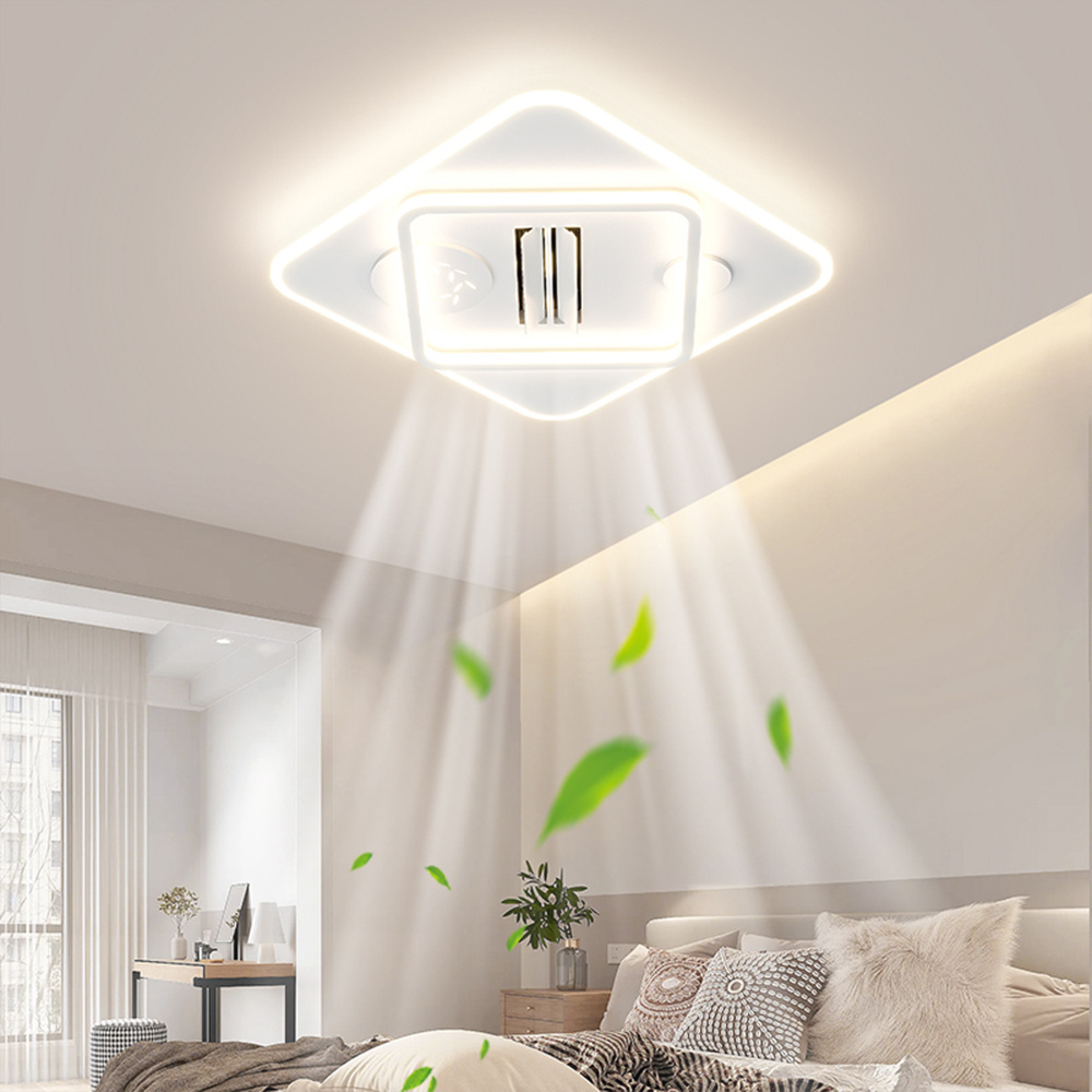 JJC Square Shape Acrylic Nordic Style Minimalist Ceil Fan with Light for Bedroom Living Room Modern Bladeless Ceiling Fan Light