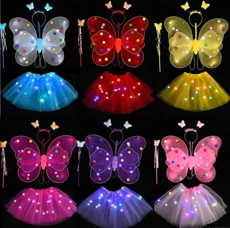 Girls Butterfly Wings Fairy Butterfly Wings Costume for Girls Kids Princess Cosplay Costume Set with Wings Tutu Skirt and  Wand