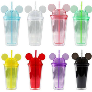 650ml Factory Wholesale acrylic mouse ear tumbler Plastic Christmas mickey cup with Dome Lid