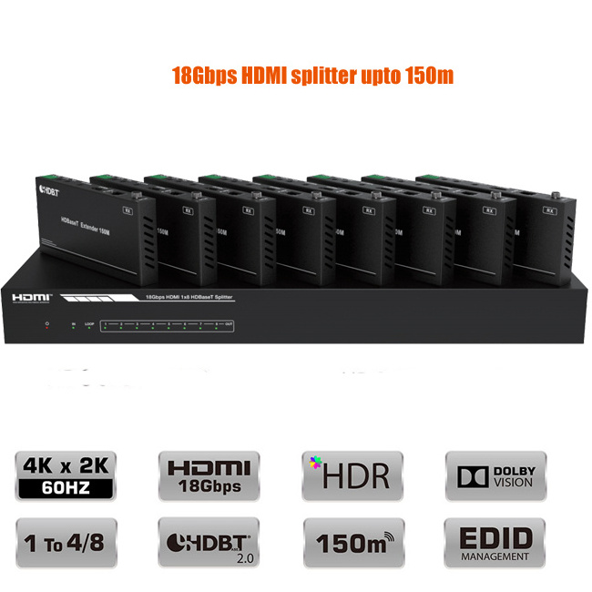 1x8 4K HDMI HDBaset Splitter Distribution Amplifier Includes 8 RX upto 150m for home theatre system