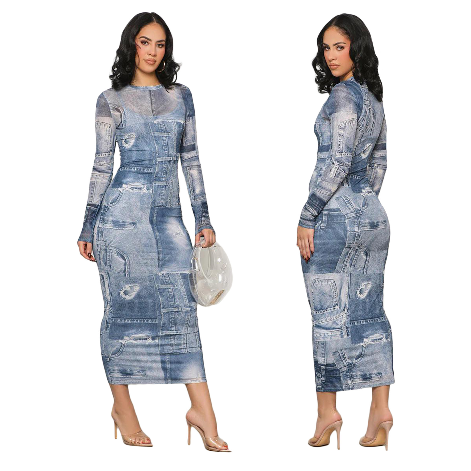 Foreign trade large size women sexy women slim denim print hip wrap skirt buttock long sheath dress tight-fitting dress