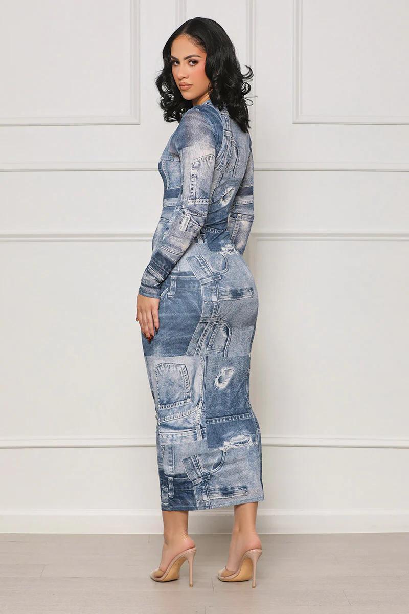 Foreign trade large size women sexy women slim denim print hip wrap skirt buttock long sheath dress tight-fitting dress