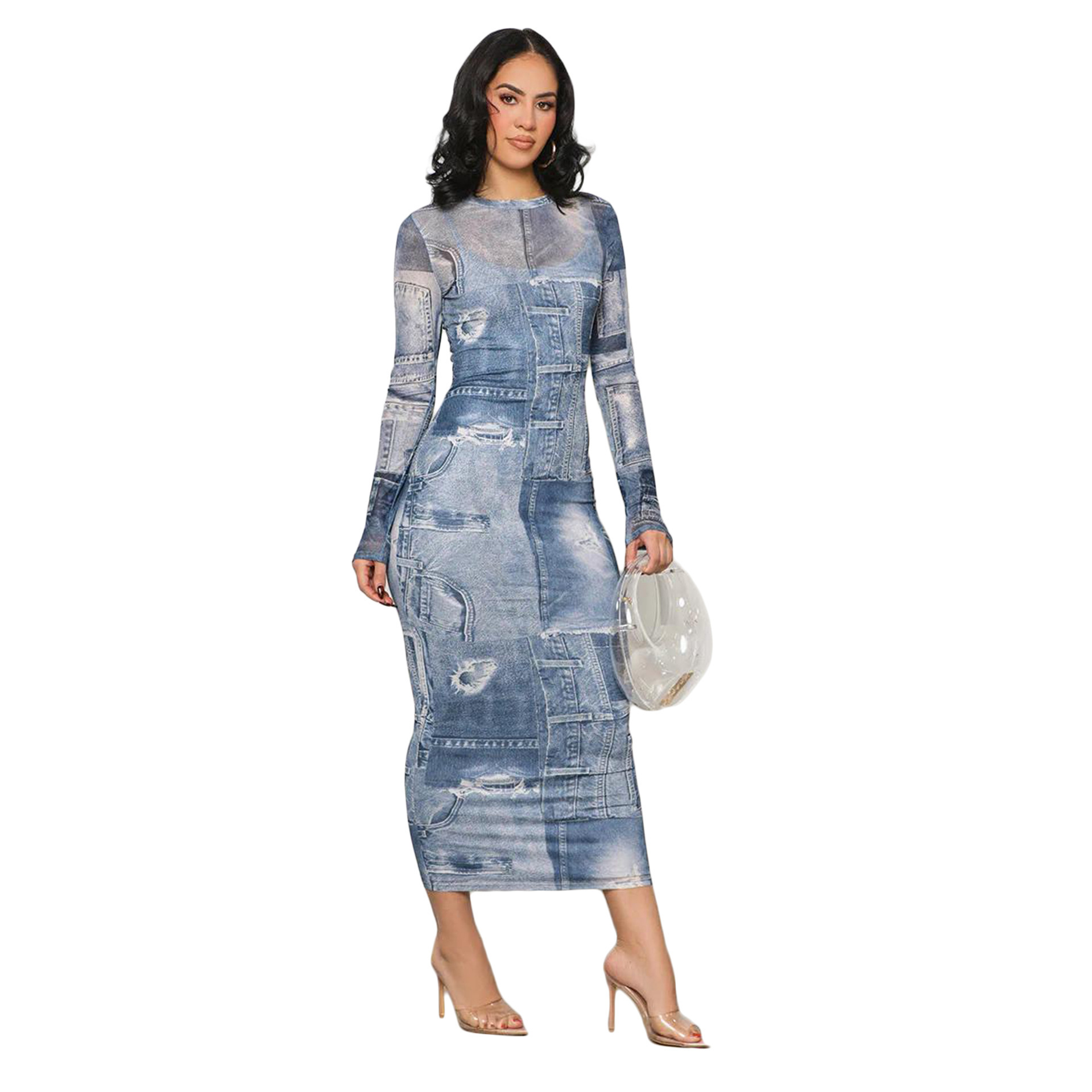 Foreign trade large size women sexy women slim denim print hip wrap skirt buttock long sheath dress tight-fitting dress