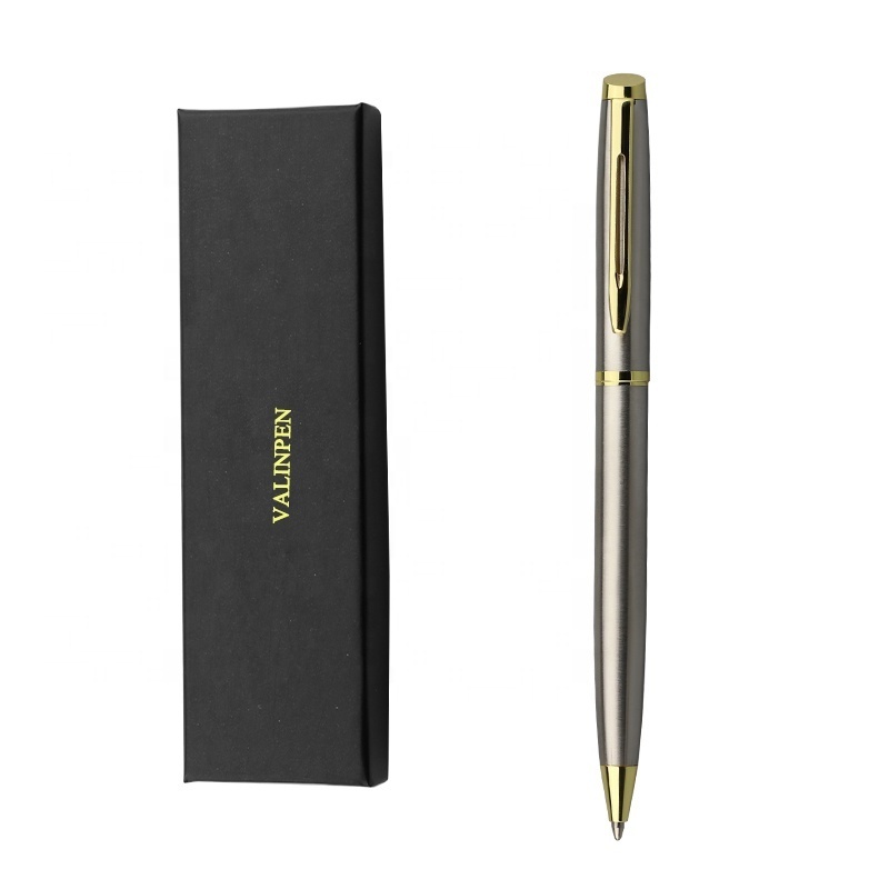 Luxury stainless steel metal body gold trim engraved logo twist ballpoint pen with gift box pen set stationery gift