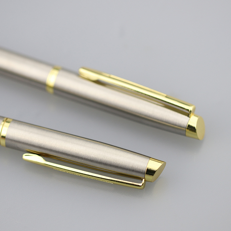 Luxury stainless steel metal body gold trim engraved logo twist ballpoint pen with gift box pen set stationery gift