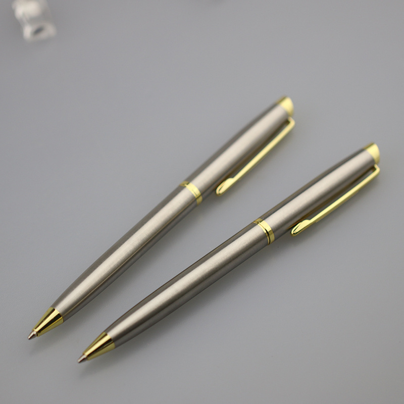 Luxury stainless steel metal body gold trim engraved logo twist ballpoint pen with gift box pen set stationery gift